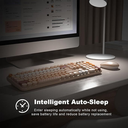 MOFII Wireless Keyboard and Mouse Combo, Full Size 2.4G Plug and Play Typewriter Retro Round Computer Keyboard and Mouse Set for Windows, Computer, Desktop, PC, Notebook - (Milk Tea Colorful)