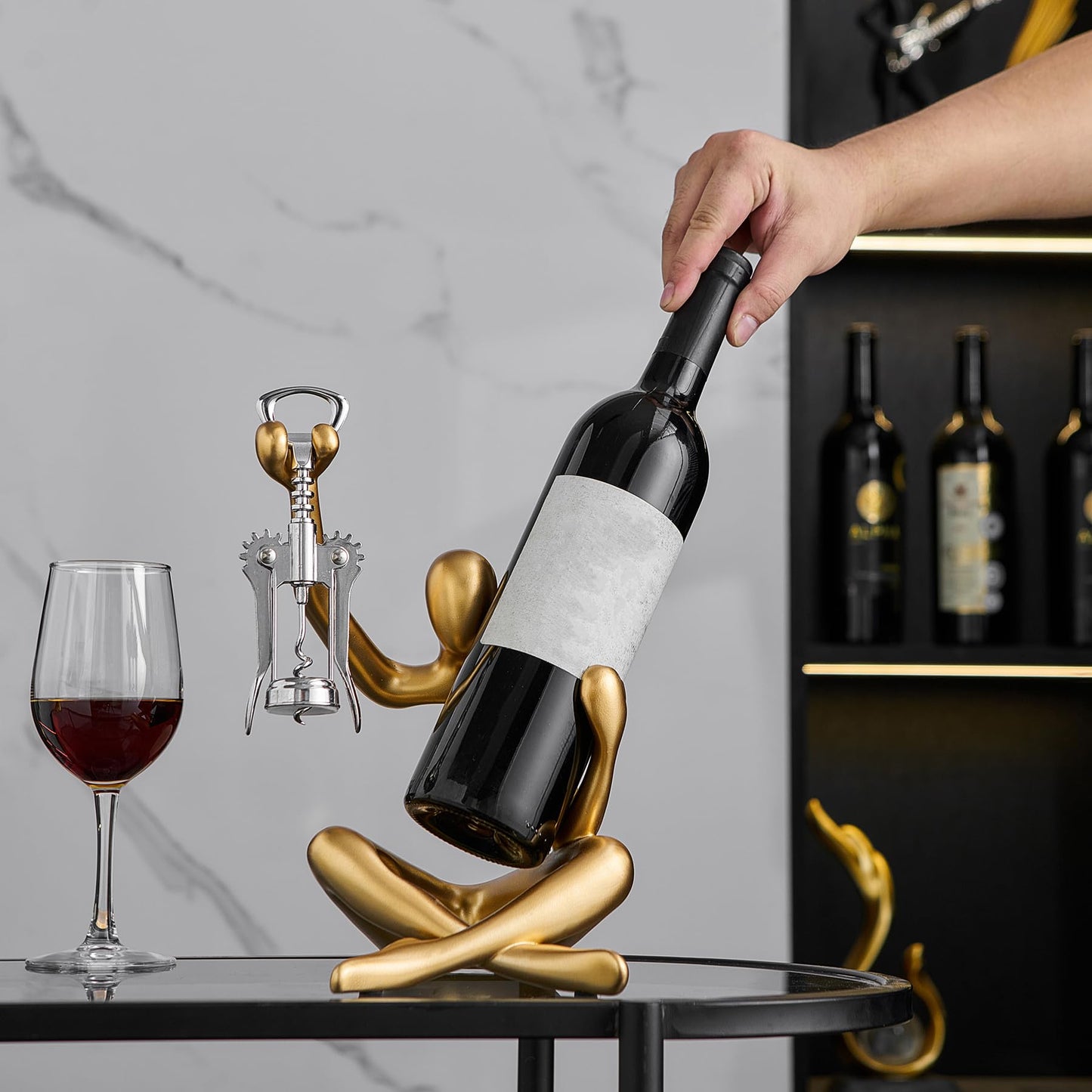 FJSPERM Thinker Statue Wine Rack, Gold Modern Rack for Kitchen Table Decor, Single Wine Bottle Holder Countertop for Bar, Small Bottle Holder Rack