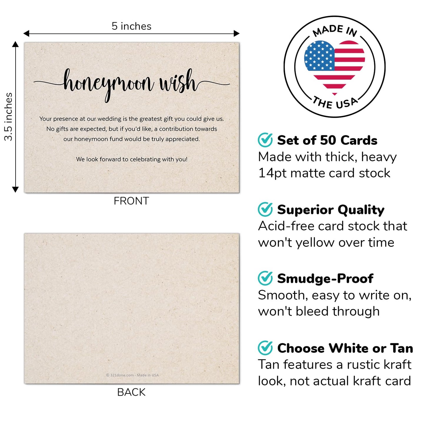 321Done Honeymoon Fund Wish Cards (Set of 50) Simple Rustic Kraft, 3.5x5 Small - No Gifts Request for Wedding, Invitation Insert, Enclosure Card, No Gifts Please, Wishing Well - Made in the USA