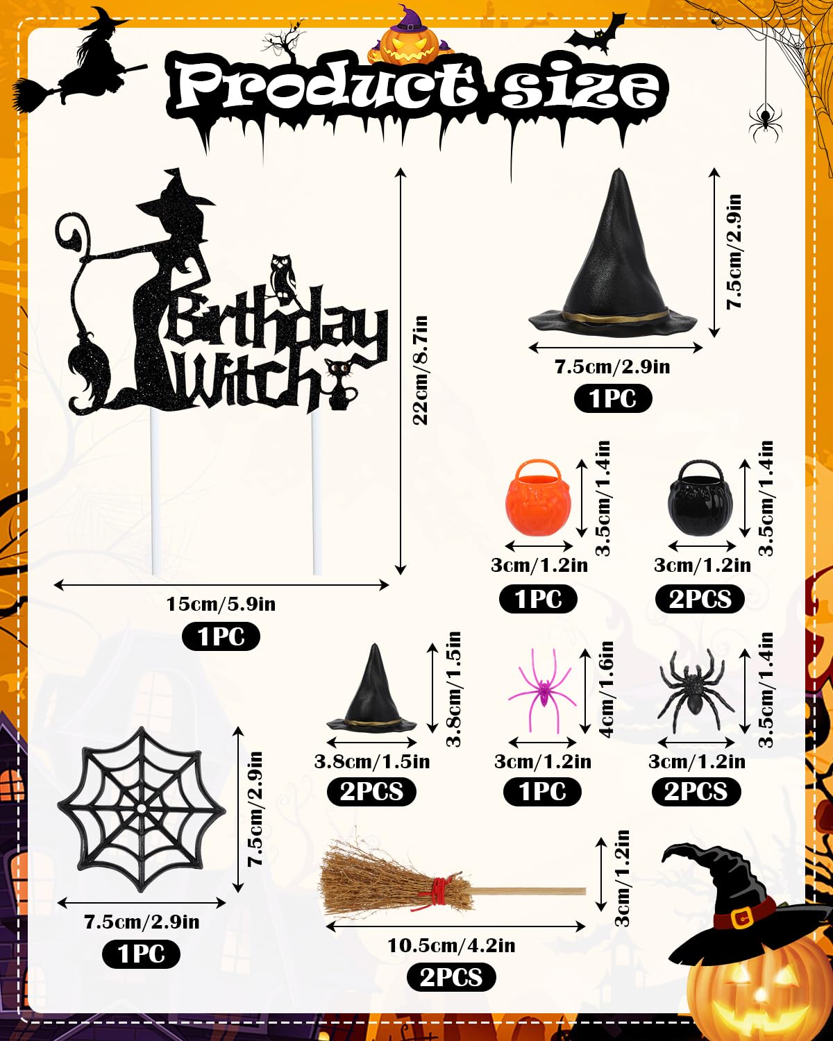 Liobelon 13 Pieces Birthday Witch Cake Topper, Gothic Theme Birthday Party Decoration, Scary Spider Web Witch Bucket Broom Spiders Cake Decorations for Girl Women