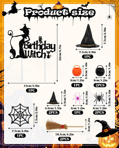 Liobelon 13 Pieces Birthday Witch Cake Topper, Gothic Theme Birthday Party Decoration, Scary Spider Web Witch Bucket Broom Spiders Cake Decorations for Girl Women