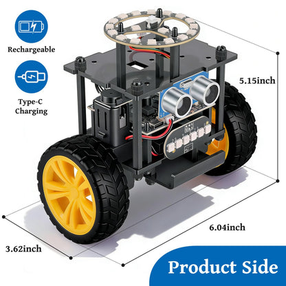Elfew STEM Robot Car Toys for Kids 8-13, DIY Building Educational Robot Kit, 2WD Self-Balancing RC Car with Ultrasonic Obstacle Avoidance, 360° Rotation, LED Lights, Ideal Gift for Boys Girls