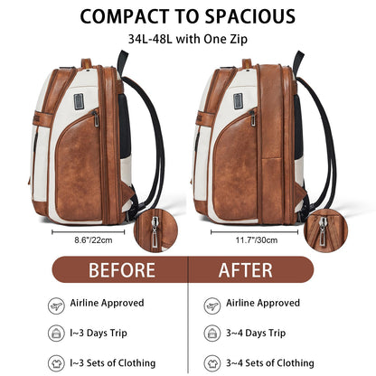 Shrrie Leather Backpack for Women, 17 Inch TSA Travel Backpack with USB Charger, 48L Expandable Large Capacity Computer Backpack Purse for Work Business Travel, Beige