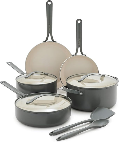 GreenPan Nova 10-Piece Nonstick Cookware Set, PFAS-Free Ceramic Pots & Pans with Silicone Cooking Utensils, Durable Fast Heating, Induction Ready, Oven Safe to 600°F, Dishwasher Safe, Slate Gray