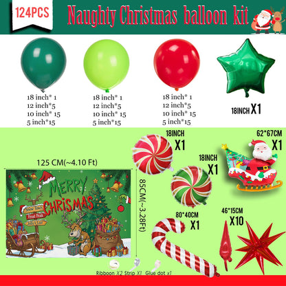 Christmas Balloon Garland Arch Kit with backdrop Xmas Red Green Balloons Candy Cane Santa Claus Star Foil Balloons for Christmas New Year Birthday Party Decorations (Red Green)