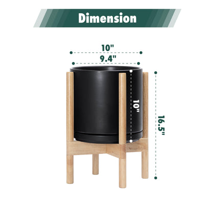 D'vine Dev Ceramic Planter with Natural Stand - 10 Inch Modern Round Flower Pot with Wood Planter Holder, Black, 55-B-K-2