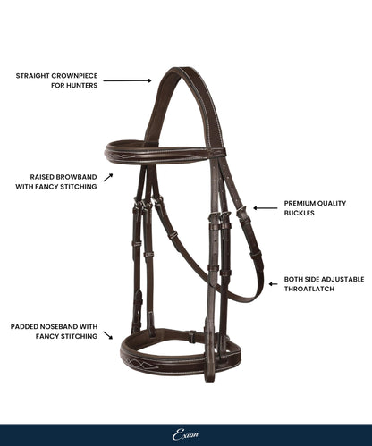 Exion Hunter Anatomic English Bridle – Padded Fancy Stitched Leather Bridle with Rubber Reins – Ergonomic Poll Relief Crownpiece for Jumping & Eventing – Stainless Steel – Havana Brown