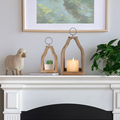 Staymoment Wood Lanterns Decorative Indoor: Farmhouse Hanging Candle Holder Set of 2 Brown Table Centerpiece Fireplace Mantle Shelf 11" & 8" Rustic Home Decor Fall Ornaments