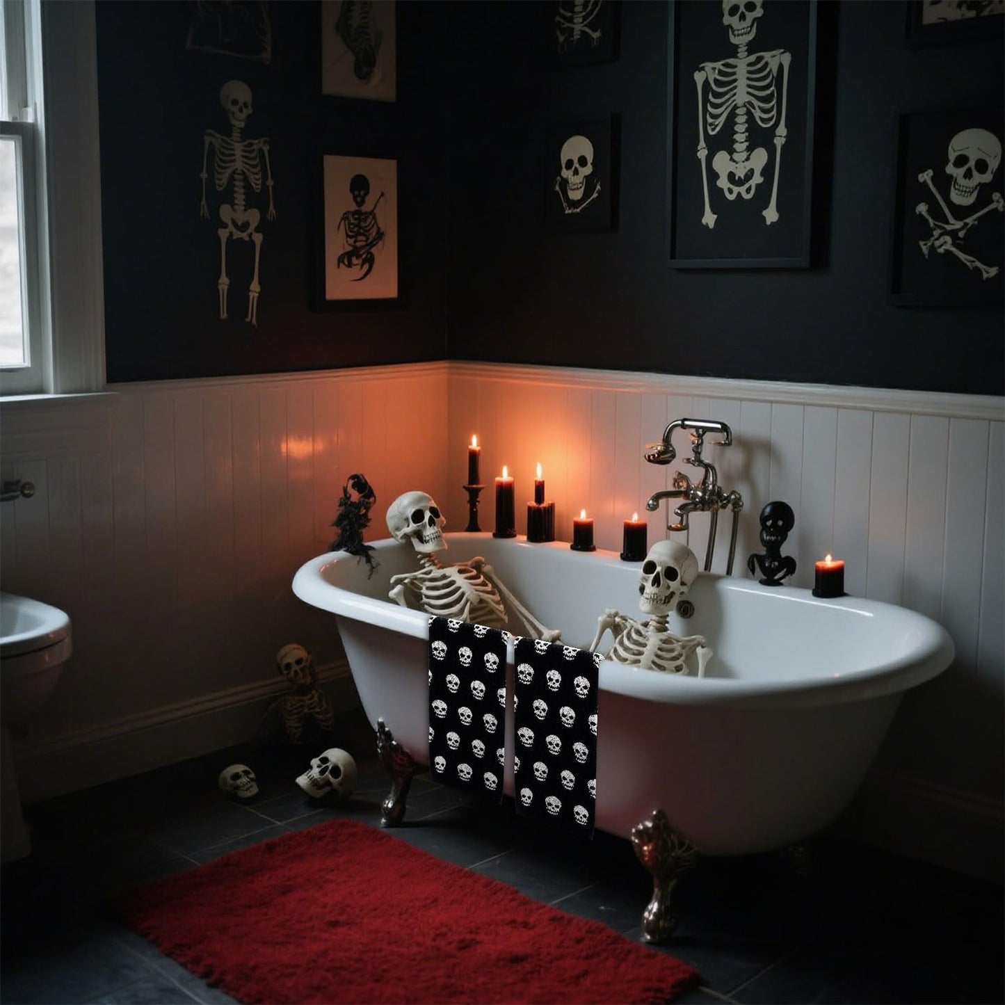 Whaline Halloween Skull Hand Towels Black White Cotton Bathroom Towel Absorbent Bath Towel for Drying Cleaning Cooking, 29.5 x 13.4 Inch, 2Pcs