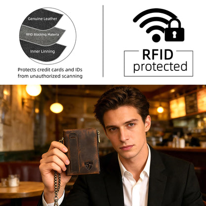 Handadsume Oil Wax Genuine Leather Travel Gift Coin Pocket Card Case Vertical Chain Rfid Wallet Purse With Snap For Men Male 1802 (Brown)