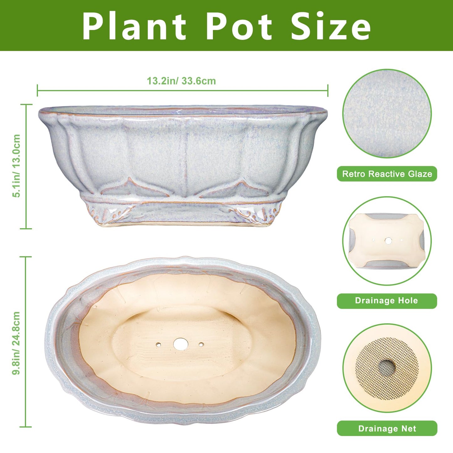 Teagas 13.2 Inch Succulent Pots - Ceramic Bonsai Tree Pots with Drainage Hole, Shallow Succulent Planters for Indoor Plants Outdoor, Decorative Flower Pot, Home Decor, Plant Lover Gifts, Oval Grey