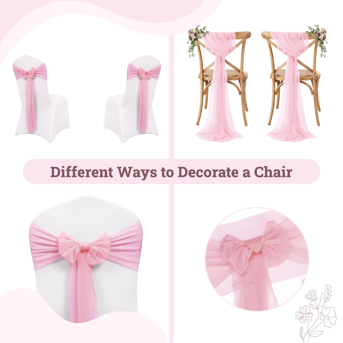 VDS Pack of 50, Blush Pink, Sheer Chiffon Chair Sashes Bows Chair Cover Back Tie Ribbon for Wedding Birthday Baby Shower Engagement Ceremony Event Party Banquet Restaurant Dining Chair Decoration