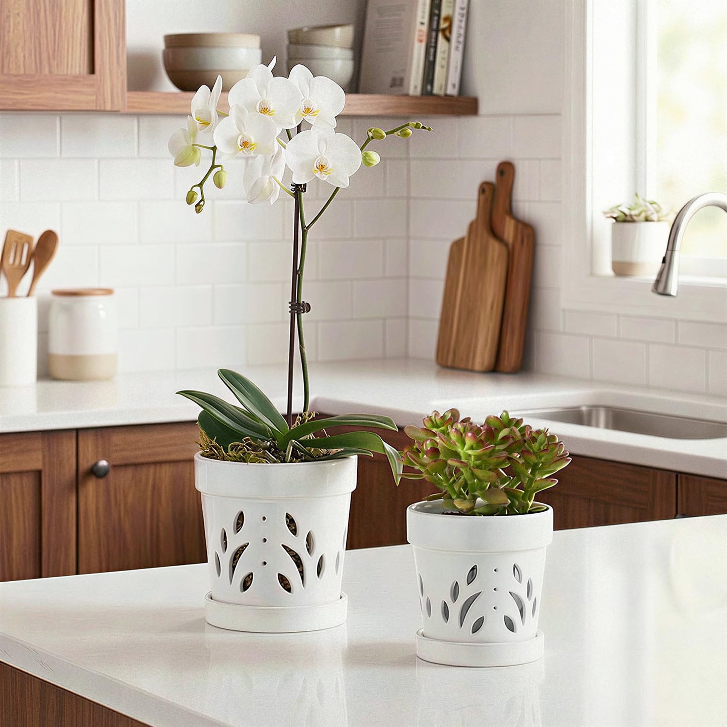 STHIE Orchid Pots, 5 + 6 Inch Ceramic Orchid Pots with Holes, Orchids Planter for Repotting, 2 Pack Promoting Air Circulation, White Flower Pots with Removable Trays