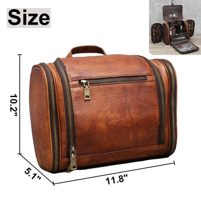 RC ROCKCOW Toiletry Bag For Men, Genuine Leather Toiletries Organizer, Large Travel Hanging Toiletry Bag Water-resistant Bathroom Shaving Kit for Cosmetics, Makeup Case Travel Dopp Kit