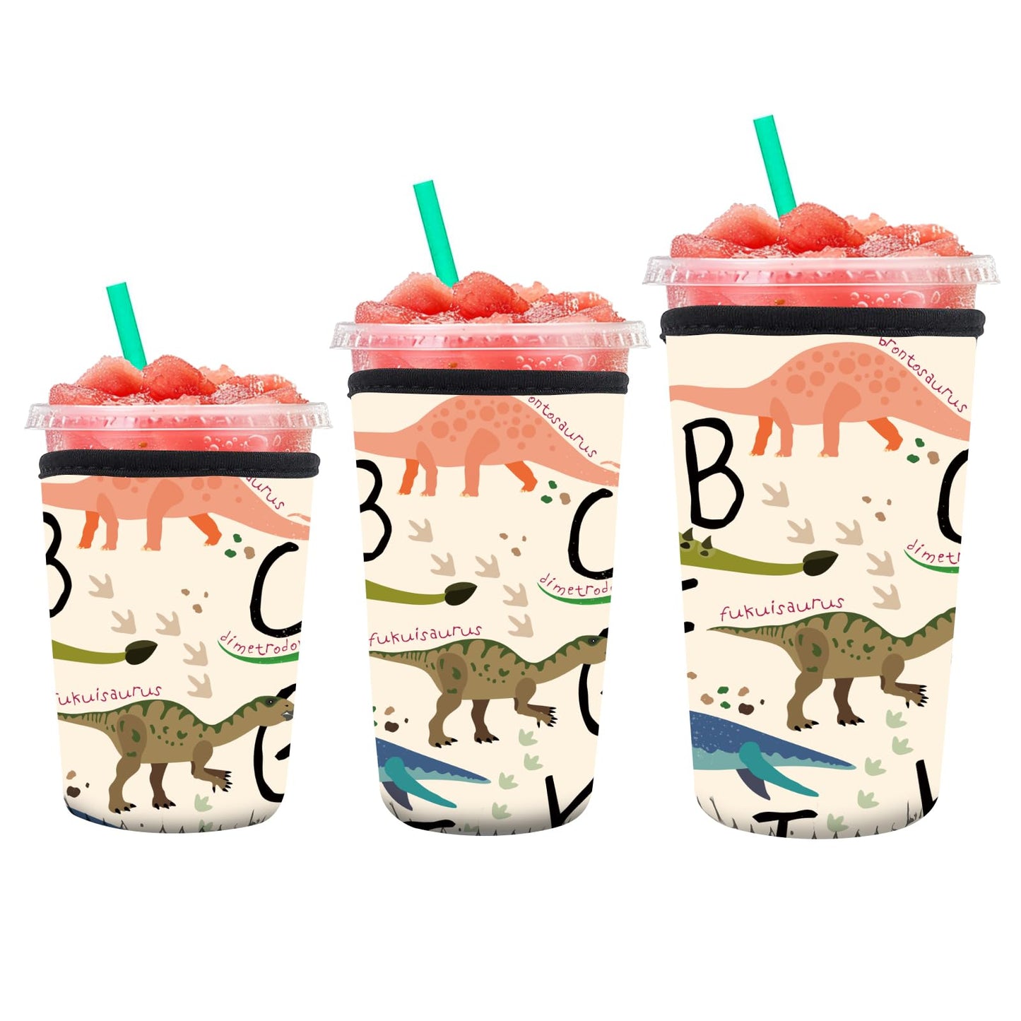 DAORJWL 3 Pack Reusable Insulated Neoprene Sleeve for Iced & Hot Drinks, Cute Durable Iced Coffee Cup Sleeve, Beverage Holder for Iced Coffee Cute Dinosaur