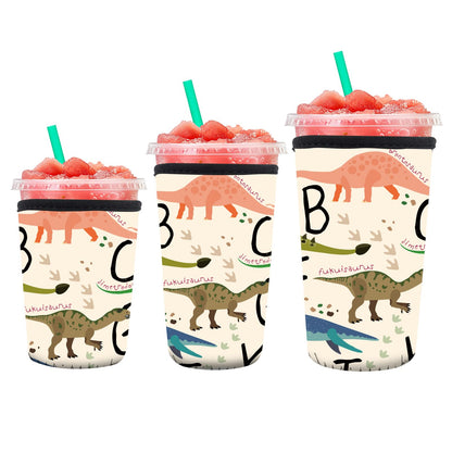 DAORJWL 3 Pack Reusable Insulated Neoprene Sleeve for Iced & Hot Drinks, Cute Durable Iced Coffee Cup Sleeve, Beverage Holder for Iced Coffee Cute Dinosaur