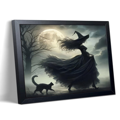 wanyun Dark Witch Wall Art Canvas Framed Poster Print Picture, Gothic Moonlight Witch Artwork Oil Painting, Spooky Halloween Horror Wall Decor for Bedroom Living Room Home Office Decor 16x24 Inch
