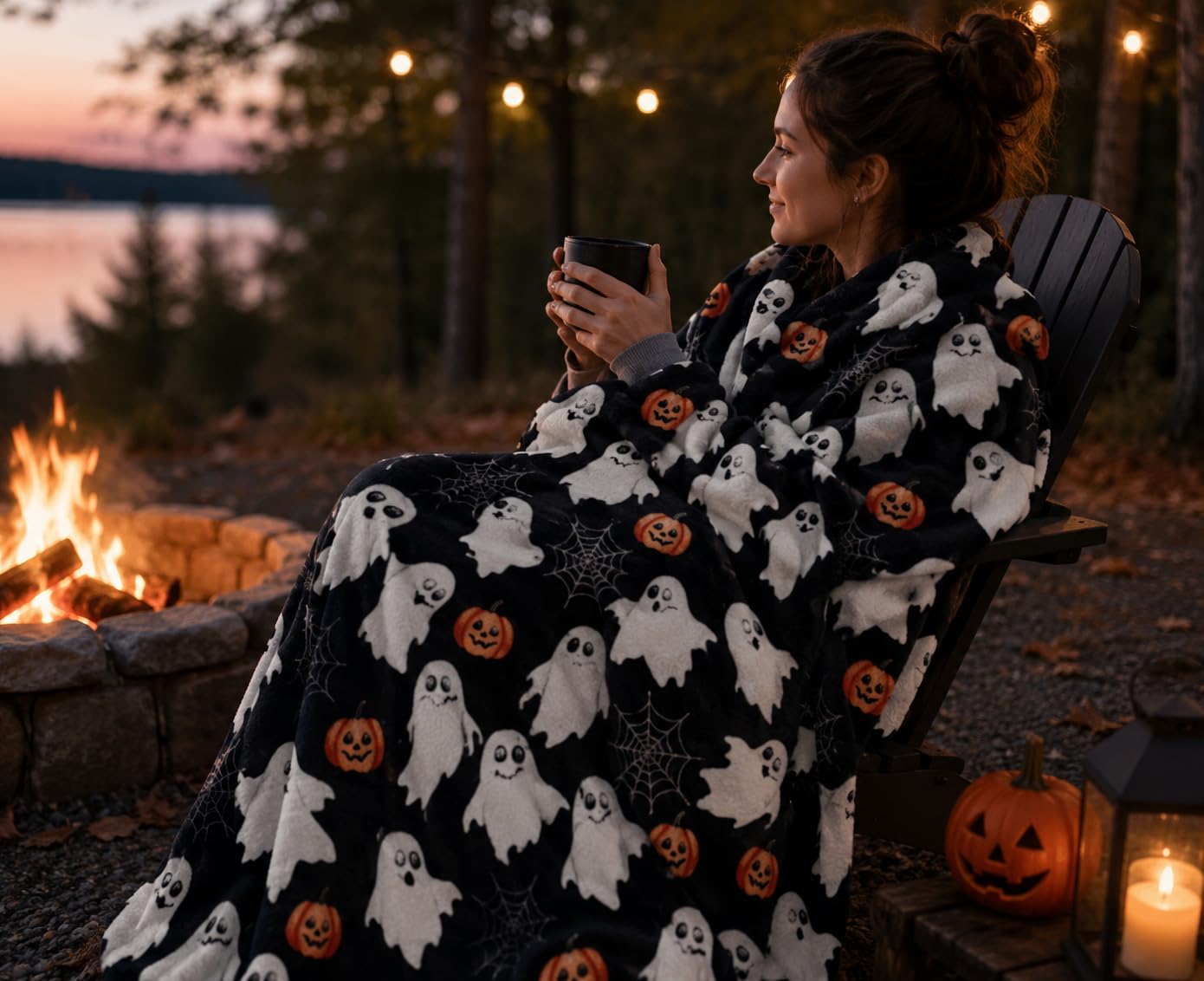 Halloween Fleece Throw Blanket: Jack O Lantern Pumpkins White Ghosts and Spiderwebs on Soft Black Velvet for Sofa, Couch, Chairs and Bed, 50" x 70"