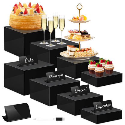 Buffet Risers Set of 8 Acrylic Cube Display Stands Box Risers with Hollow Bottoms 4 Different Size Dessert Table Display Set Food Nesting Risers for Buffet Table, Cupcake Candy Food, Parties, Brunch, Weddings (8 PCS Black Cube)