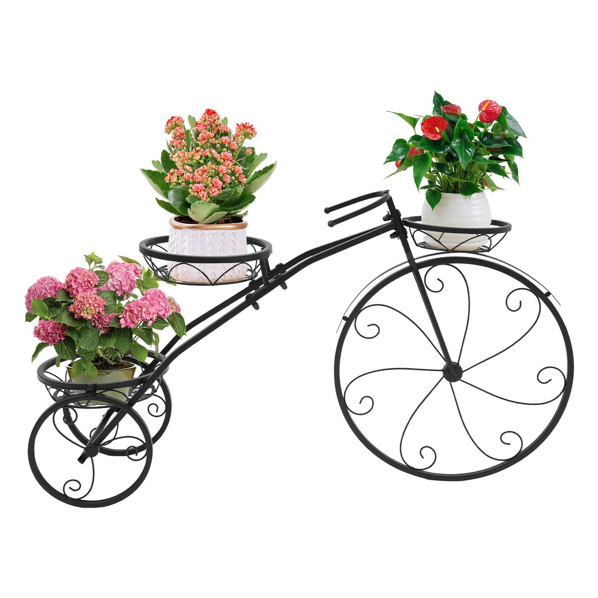 YUASDUU Tricycle Plant Stand, 3 Tier Flower Pot Cart Holder Metal Bicycle Planter Parisian Style Flower Display Stand Cart for Home Decor Patio Garden Flower Shop Indoor Outdoor