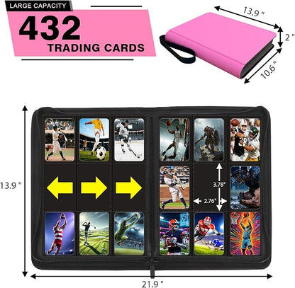 9 Pocket Pink Card Binder - Holds 432 Cards, 24 Double-Sided Clear Pages, Premium Zippered Cute Card Album Folder Compatible with Card Sleeves, Perfect for Sports MTG Game Card Collections(Pink)