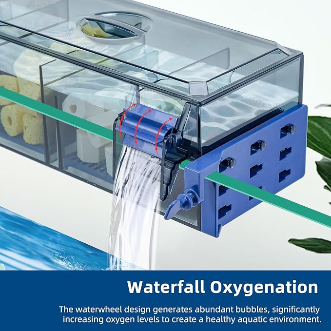 Multi Layer Aquarium Fish Tank Filter with Waterfall Oxygenation Suitable for 5-50 Gallon Fish Tanks, Flexible Mounting, Dust & Splash Protection