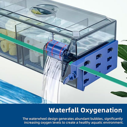 Multi Layer Aquarium Fish Tank Filter with Waterfall Oxygenation Suitable for 5-50 Gallon Fish Tanks, Flexible Mounting, Dust & Splash Protection