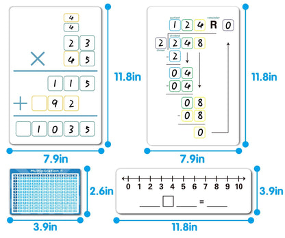 Set of Dry Erase Addition, Subtraction, Multiplication, and Division Practice White Board, Mathematics Board with a 4" x 2.5" Multiplication Chart Board for Kids Students, Classroom and Home