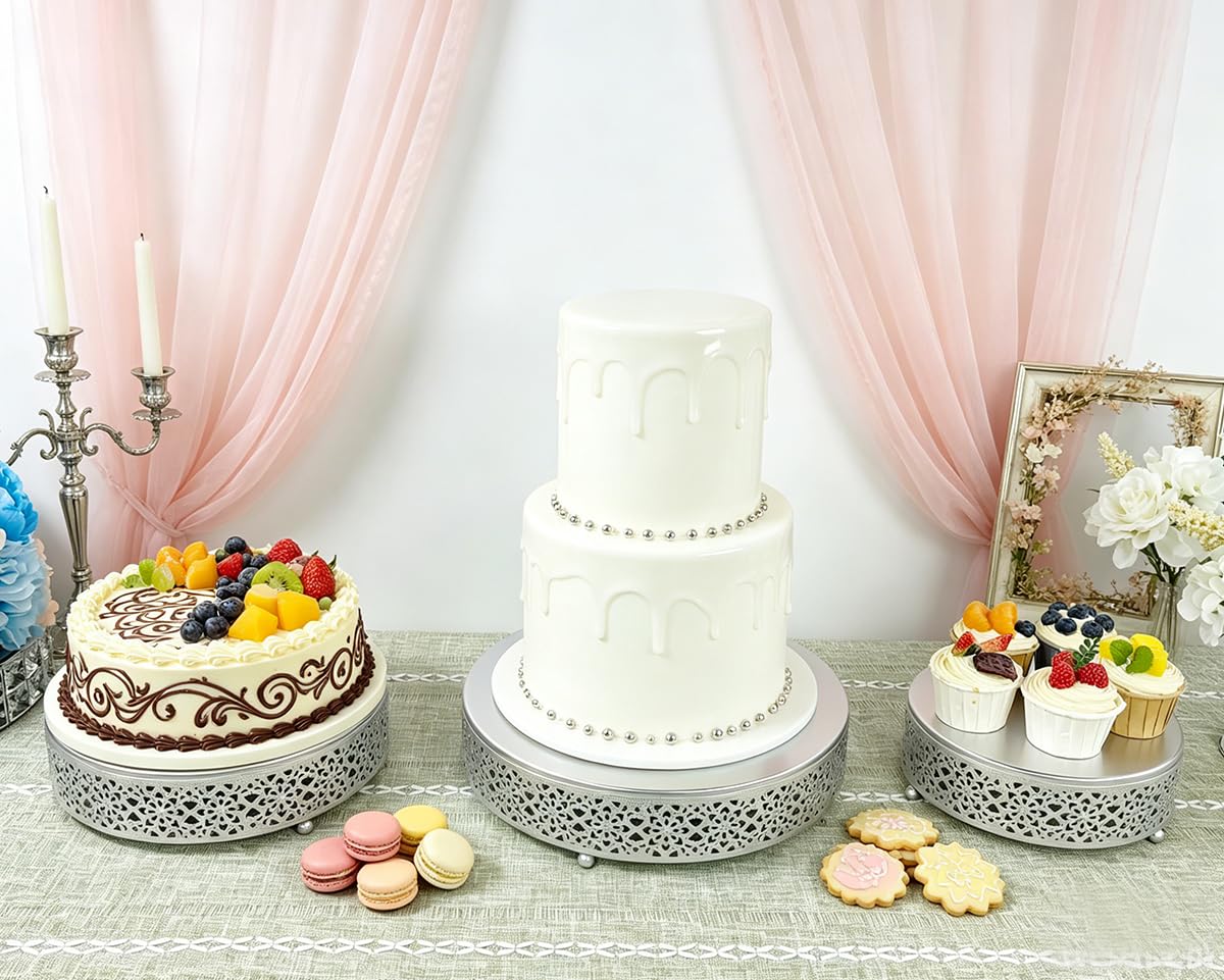 FEICTPOX Cake Stand Set of 3 Metal Cupcake Stands Dessert Display Plate for Wedding Party Birthday (3 Pcs, Matte Silver)
