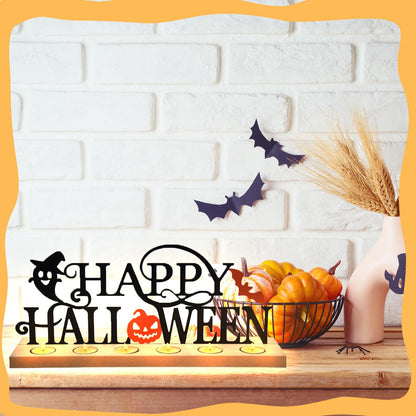 Metal Happy Halloween Sign, Tiered Tray Decor with 18pcs Tealights, Black Halloween Decorations Tea Lights Holders for Home, Office, Shelf, Mantel, Indoor, Table, Spooky Jack-o-lantern Ghost Bat Decor