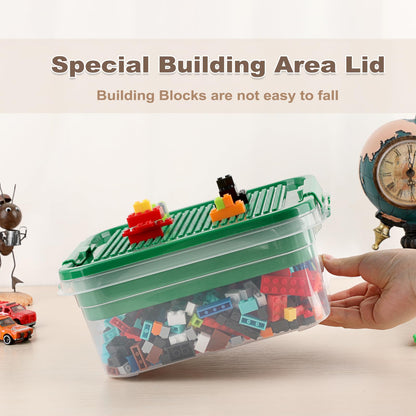 OGANAZI Toy Organizer with Bricks Baseplate Lid for Building Blocks, Bricks Building Set Organization Bin with Compartments Tray, Stackable Storage Box Building Block Chest Case (Green)