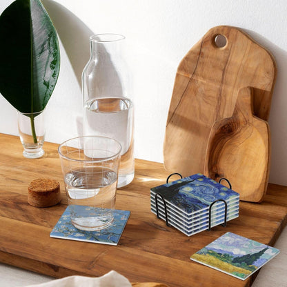 GERLNF Absorbent Ceramic Coasters for Drinks with Cork Base Art Coasters Set of 6 - Use 6 Famous Paintings, Unique Housewarming Gifts for Home Decorative (Square - Van Gogh - 1)
