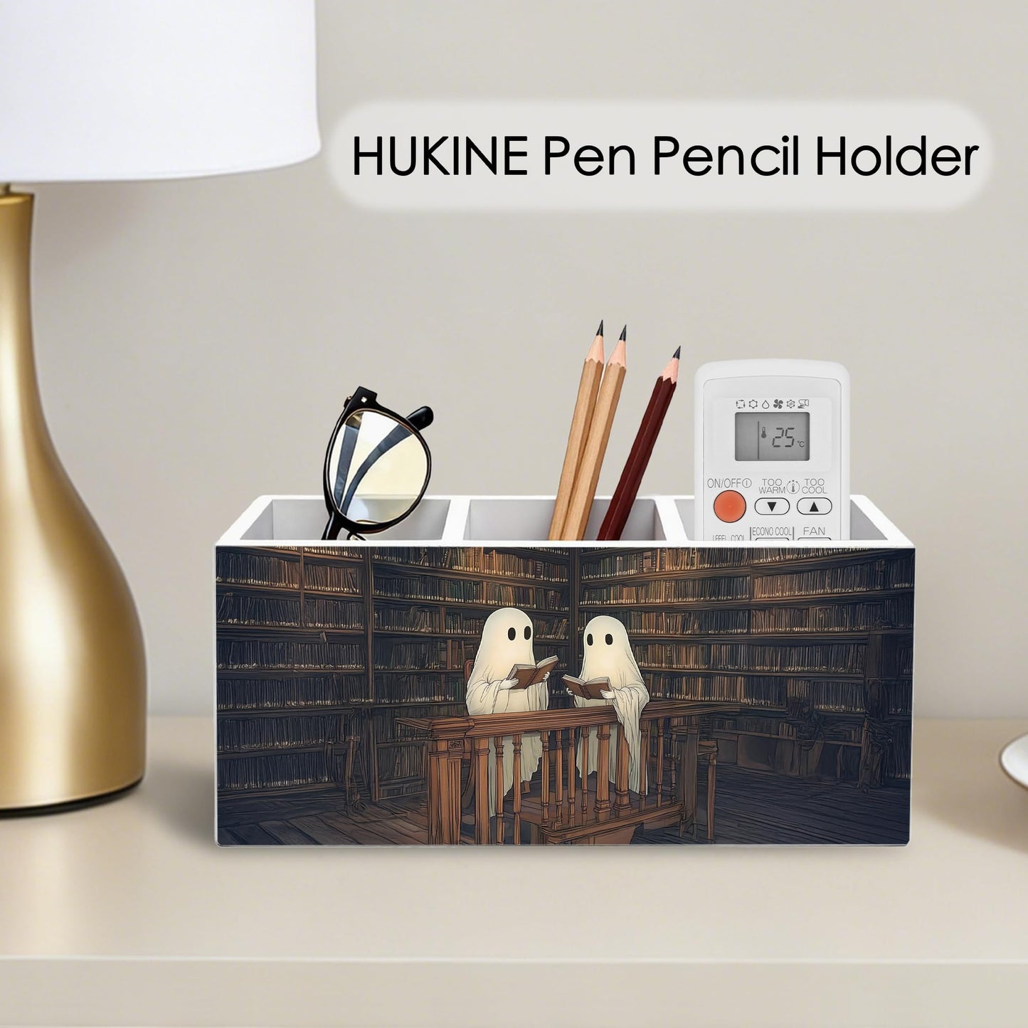HUKINE Gothic Ghost Bookish Pen Holder for Desk Decoration, Spooky Ghost Reading Book Wooden Box Sign Pencil Holder Organizer for Home Office Desk Accessories, Book Lover Gifts