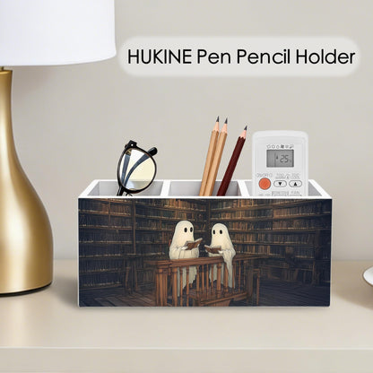 HUKINE Gothic Ghost Bookish Pen Holder for Desk Decoration, Spooky Ghost Reading Book Wooden Box Sign Pencil Holder Organizer for Home Office Desk Accessories, Book Lover Gifts