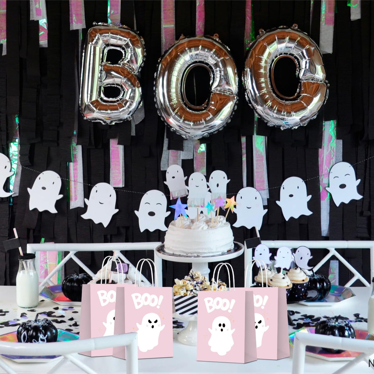 KERINGO 16 PCS Halloween Kraft Paper Gift Bags Pink Ghost Boo Design with Handles for Halloween Themed Trick or Treat Party Favors Supplies