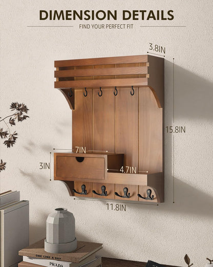 Rebee Vision Farmhouse Key Holder Wall Mount – Decorative Mail Organizer with 9 Key Hooks and Mini Drawer Organizer – Rustic Home Decor for Apartment Essentials (Brown)