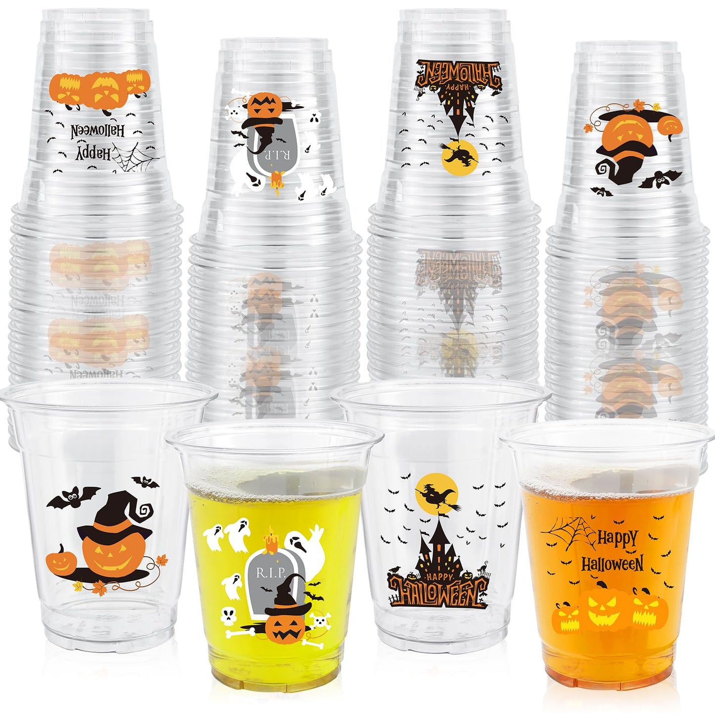 50 Pcs 12OZ Halloween Cups,Halloween Plastic Cups Party Decorations Disposable Clear Pumpkin Bat Ghost Plastic Cups Juice Soda Beverage Halloween Party Favors For Halloween Themed Birthdays Supplies
