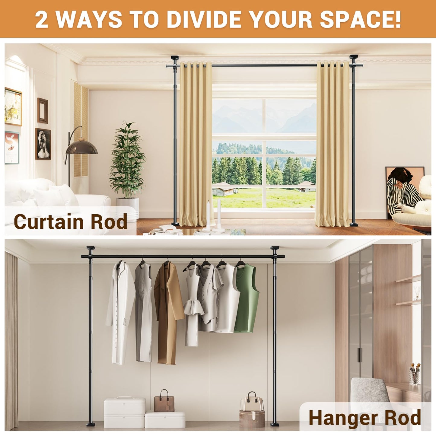 Room Divider Curtain Rod, No Drilling Adjustable Space Partition, Heavy Duty Floor to Ceiling Tension Rod, 4-10ft(H) 28-70inch(W), Temporary Wall Divider for Privacy, Black