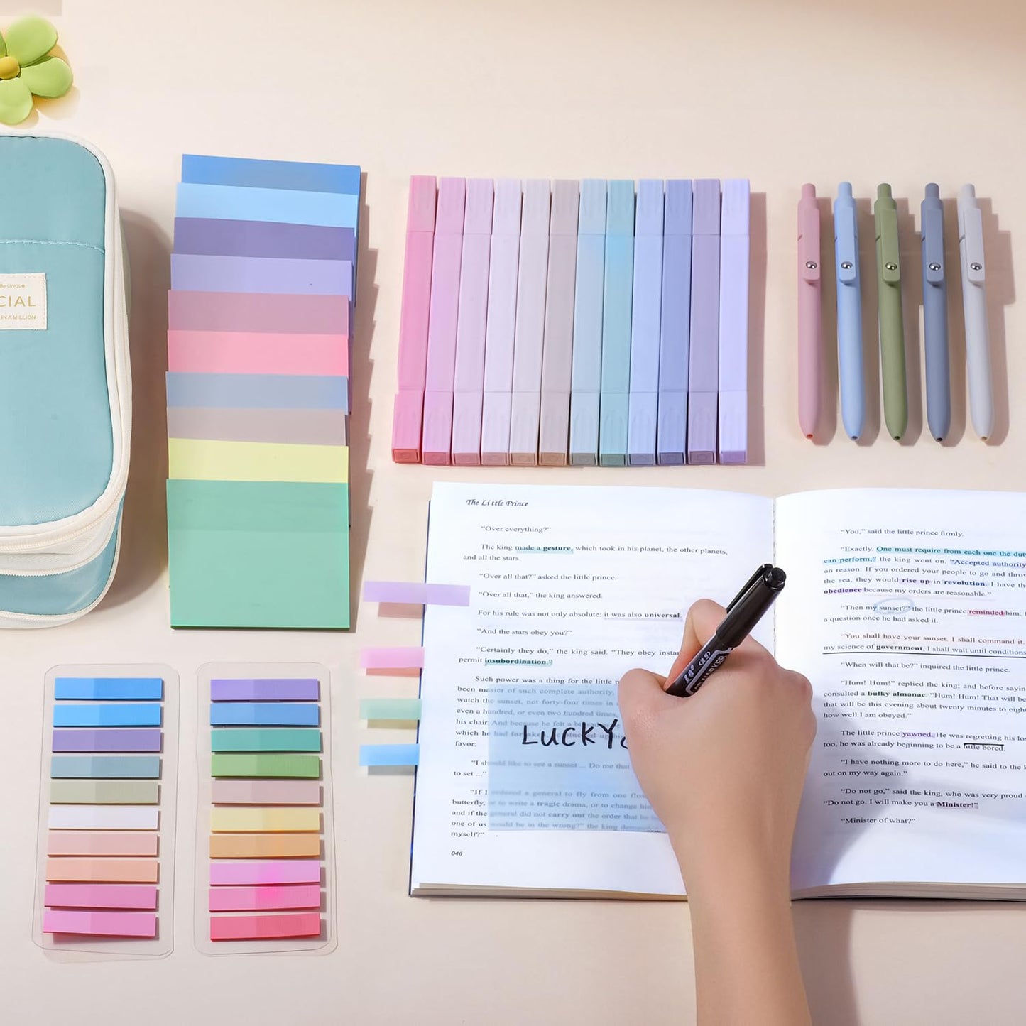 KOUDGY 49Pcs Book Annotation Kit - Aesthetic School Supplies with Cute Pen Case Highlighters Gel Pens and Marker, Sheets Transparent Index Tabs Sticky Notes Bible Study Supplies(Light Blue)