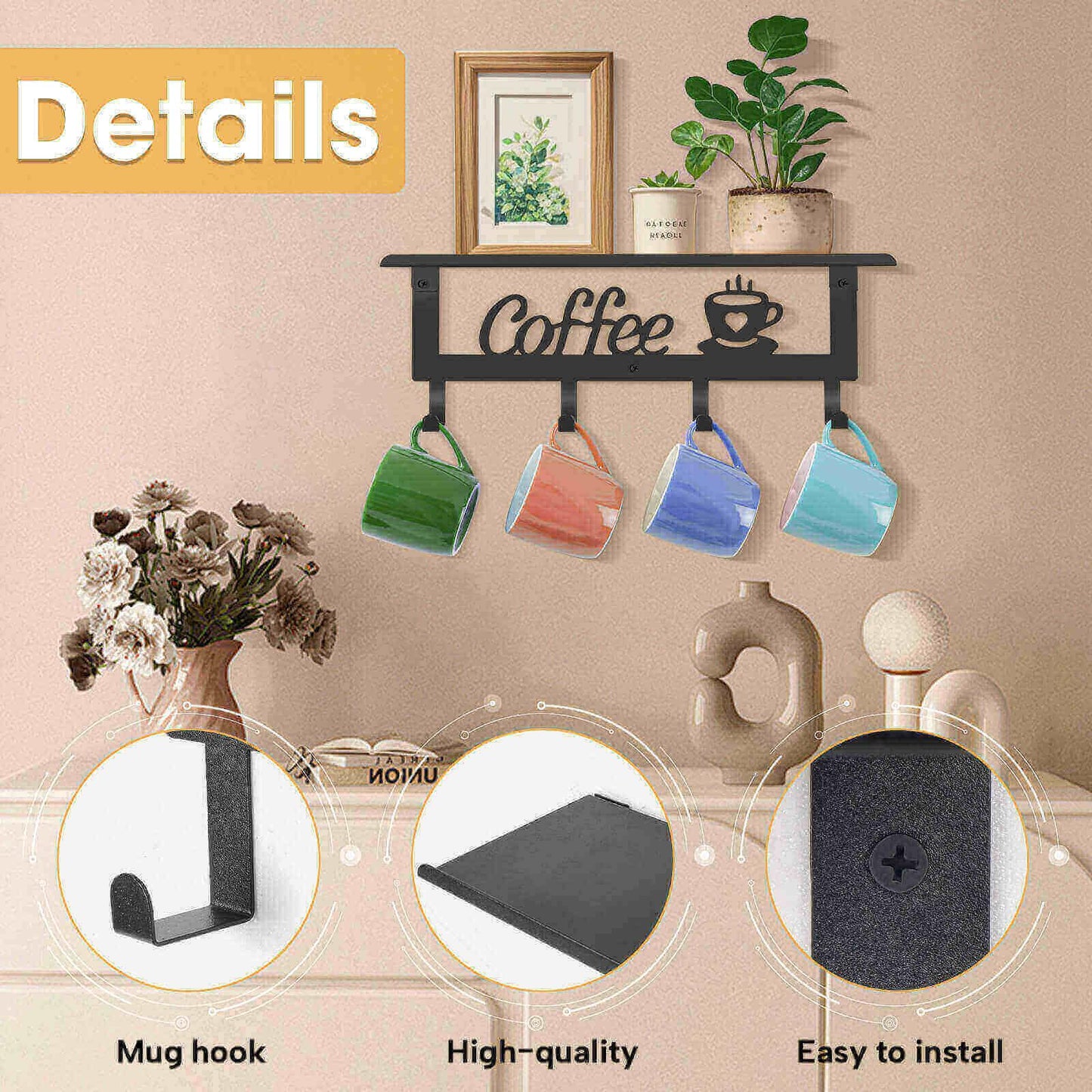 ArtHue Wall Mounted Coffee Mug Holder, Black Metal with 4 Hooks, Mug Rack with Storage Shelf for Kitchen, Office, Farmhouse, Home Decor