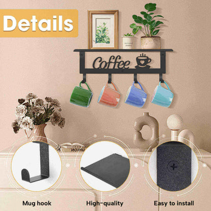 ArtHue Wall Mounted Coffee Mug Holder, Black Metal with 4 Hooks, Mug Rack with Storage Shelf for Kitchen, Office, Farmhouse, Home Decor