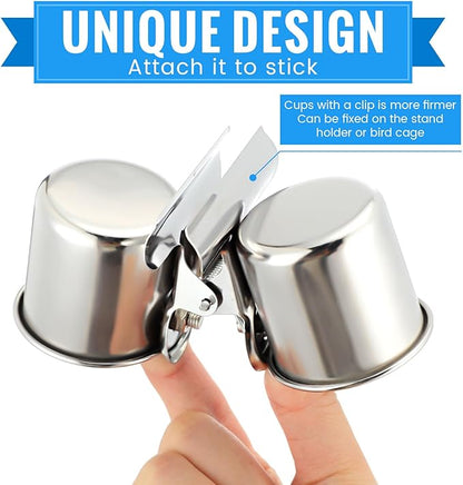 Tioncy 2 Pcs Clip on Water Bowl for Birds Parrot Feeding Double Cups Dishes Hanging Stainless Steel Food Water Bowls with Clip Pet Animal Feeder Cup Holder for Cage Coop Perches Play Stand Accessories