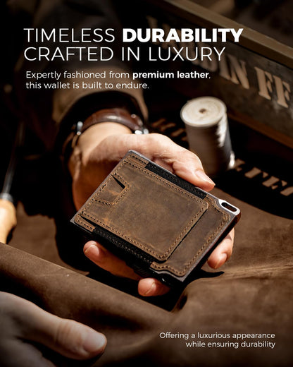 LORZOR Slim Tactical Wallet for Men- Minimalist Front Pocket Full Grain Leather Wallet for 10 Cards, RFID Blocking Aluminum Cardholder, Smart Pop Up Card Case, Money Clip, Gift Boxed(DistressBrown)