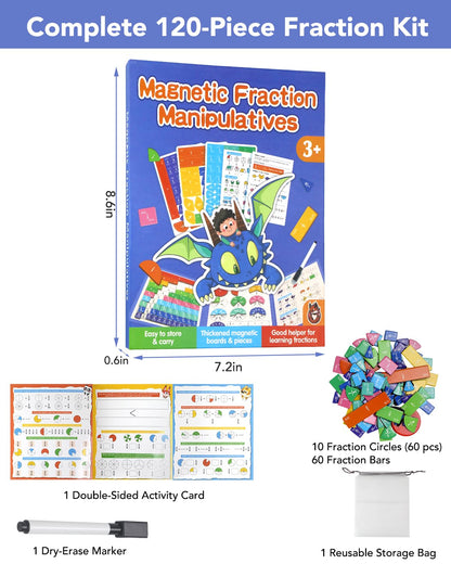 Magnetic Fraction Demonstration Book, Magnetic Fraction Tiles & Circles Educational Puzzle Set, Montessori Fraction Playbook for Kids, Math Manipulatives for Elementary School