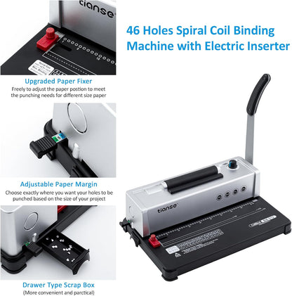 TIANSE Binding Machine, Spiral Coil Binder Machine, Manual Book Maker Punch Binder with Electric Coil Inserter,Suit for Letter Size / A4 / A5 with 100pcs 5/16'' Plastic Coil Binding Spines & Plier