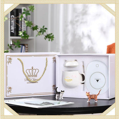Honeydak Coffee Mug Warmer Cute Cat Mug Set Cup Warmer for Women Heated Coffee Warmers for Mom Home Office Desk Valentine's Day Anniversary Birthday Gifts(Sakura,White)
