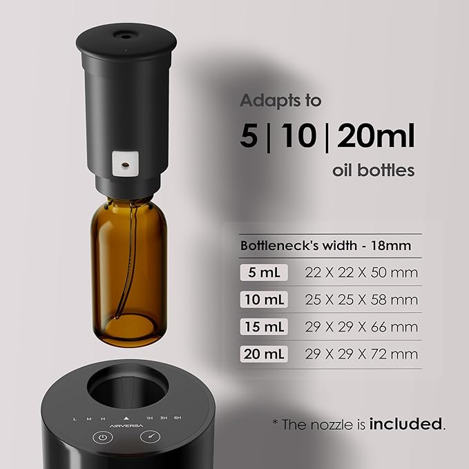 Airversa Waterless Diffuser for Essential Oil, Car Diffsuer, Battery Operated Nebulizer, 0.7 Fl Oz/ 20mL, Mini Scent Air Machine, 3 Timers & 3 Mist Levels for Home, Room, Car, Office - AN6 Black