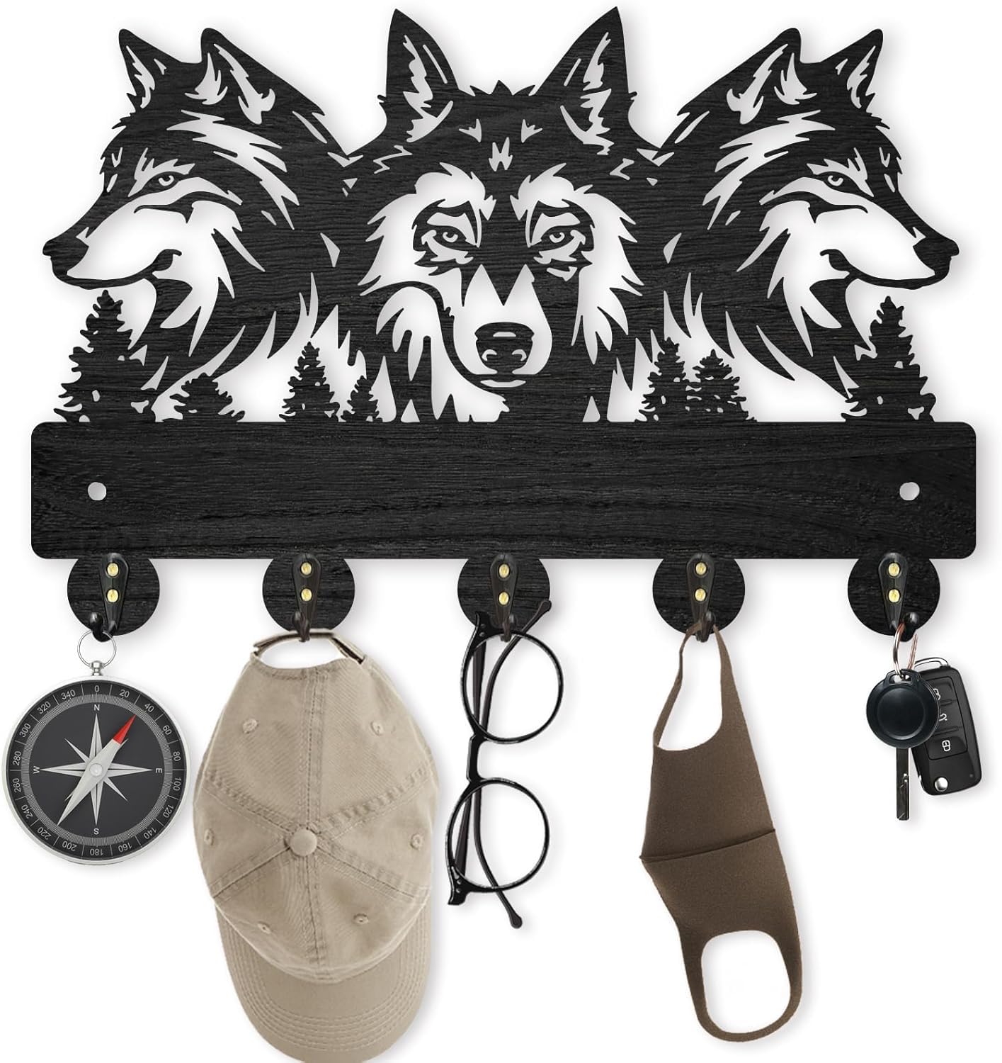 AIENAI Wolf Design Wall Mount Key Holder, 5 Metal Hooks, Solid Wood Coat Rack, 11.8x7.9 inches, Black