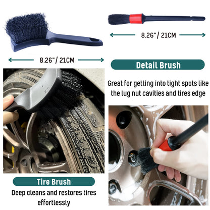 oesee Professional 4 Pack Long Handle Wheel Brush Kit for Cleaning Wheel and Tire- 2X Soft Wheel Cleaning Brush, Detailing Brush and Stiff Tire Brush, Bendable& Durable Wheel Rim Cleaner Brush Set