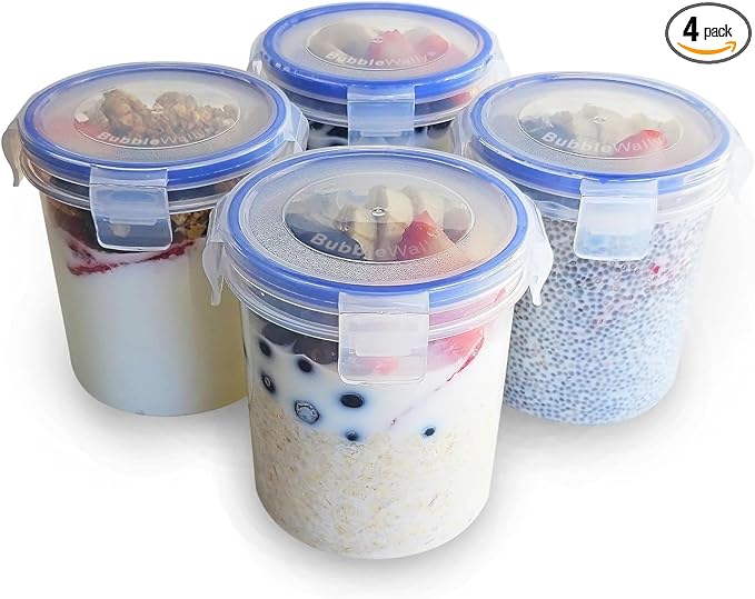 Overnight Oats Container with Lids (4-Piece set) - 16 oz Plastic Containers with Lids - Oatmeal Container to go | Portable Cereal and Milk Container on the go | Airtight Snap Lock Storage Jars